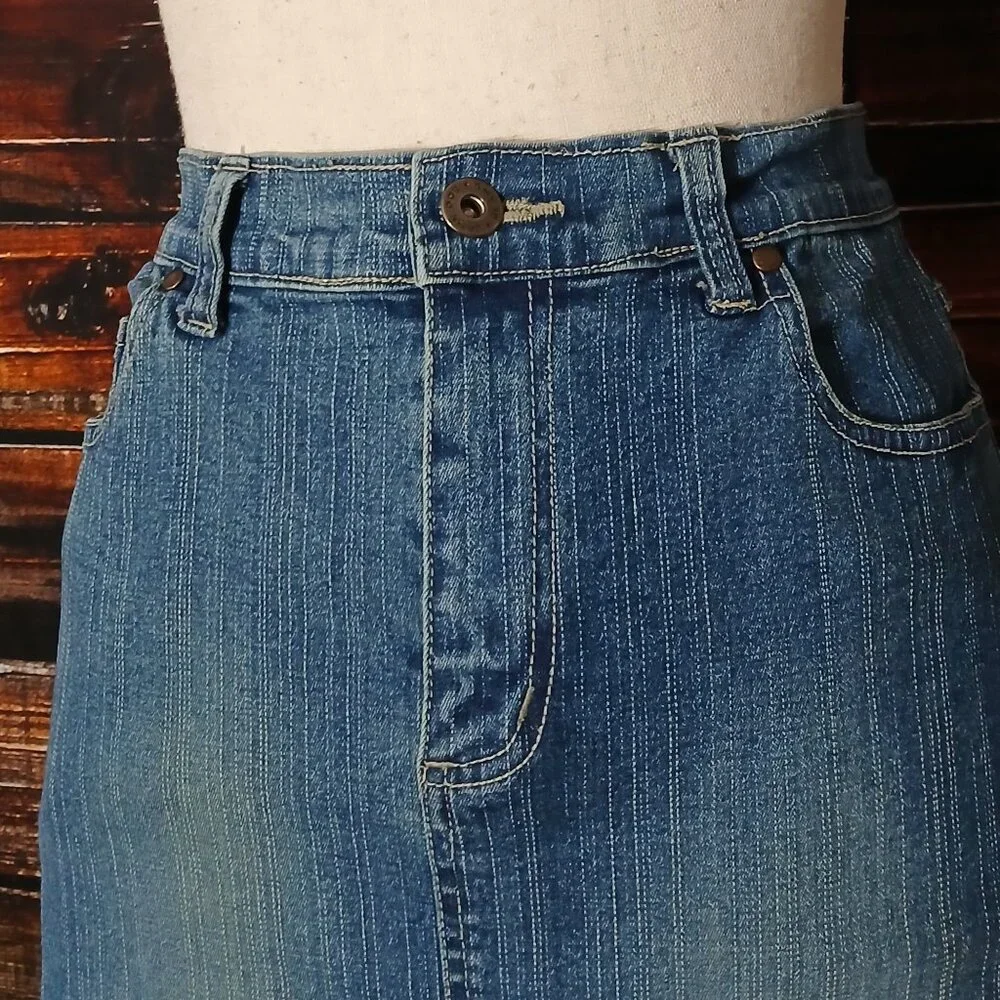 Jane Doe Vintage Jean Skirt 11 12 High Rise Fitted Straight Slit Denim Stretch
